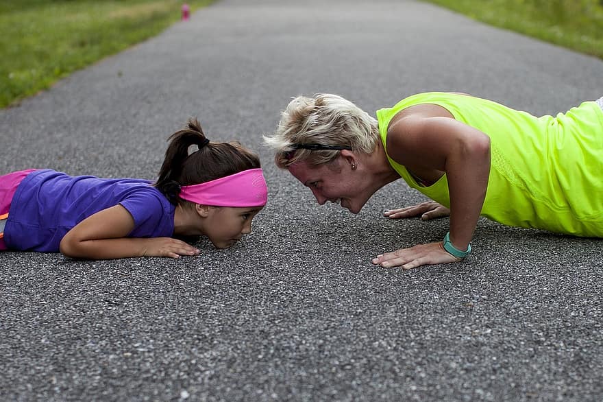 push ups, exercise, fitness, workout, people, sport, woman, girl, mother, daughter, strength