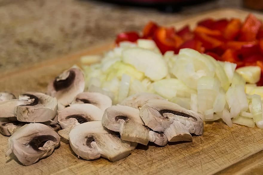 きのこ、玉ねぎ、スライスされた、さいの目に切った、オーガニック、野菜、フード、健康、切断、新鮮な、生