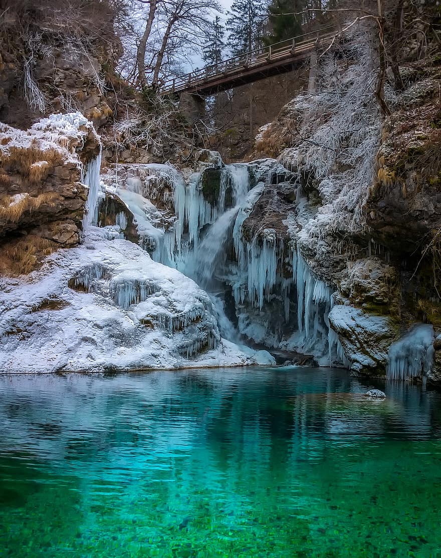 slovenia, vinter, snø, is, bro, innsjø, vann, refleksjoner, ravine, landskap, natur